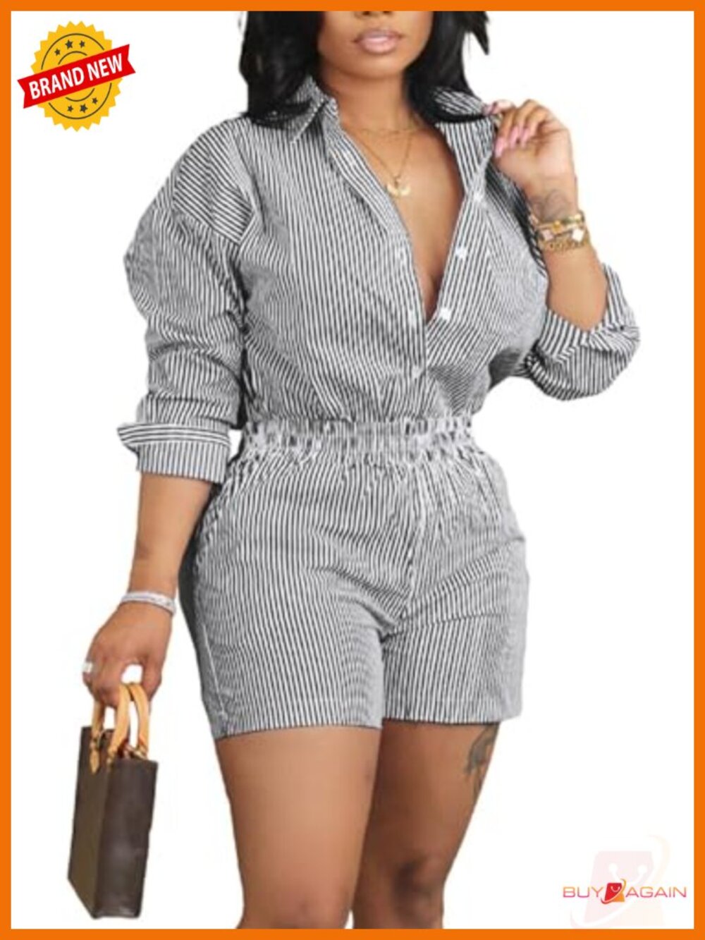 Women's Striped 2 Piece Outfit Long Sleeve Button Down Shirt & Shorts Lounge Set